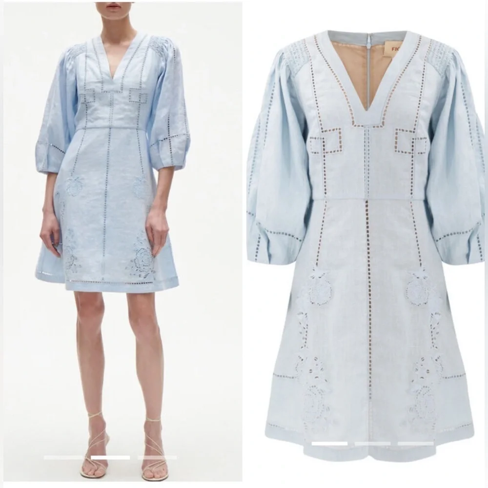 Figue Verna Linen embroidered dress soft blue NWT